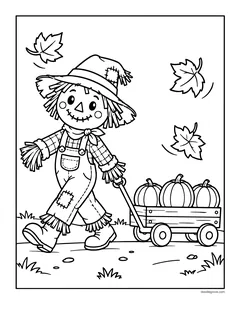 A scarecrow pulling a wagon full of pumpkins down a path while autumn leaves fall