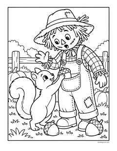 A surprised scarecrow while a squirrel takes an acorn from its overall pocket, with acorns, a fence and pumpkins