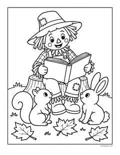 A scarecrow sitting on a tree stump reading a book to a squirrel and a bunny, with autumn leaves