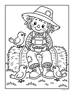A scarecrow sitting on a hay bale holding a bowl of seeds, with three chicks around it