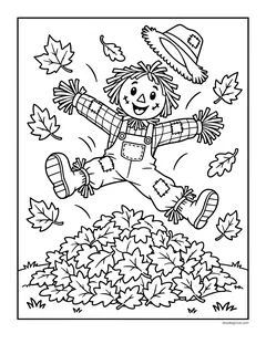 A scarecrow jumping into a big pile of leaves as its hat flies off, with falling leaves all around