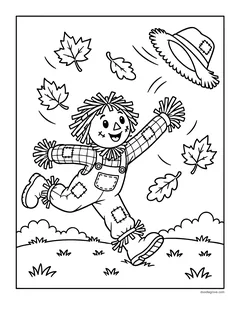 A scarecrow running after its hat as the wind blows it away, with falling leaves and grassy hills