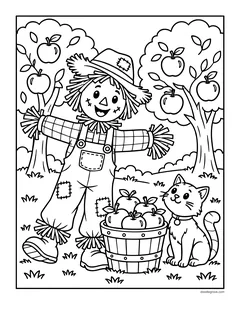 A scarecrow with its arms out between two apple trees, with a basket of apples and a cat