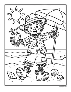A scarecrow in a flower shirt holding a coconut drink under a beach umbrella, with the sun, the sea and shells