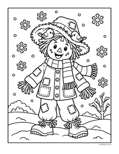 A scarecrow in a winter coat and a striped scarf with two birds on its hat, snowflakes falling and a bare shrub