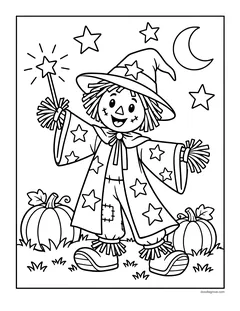A scarecrow in a starry wizard robe and hat holding a star wand, with pumpkins, a crescent moon and stars