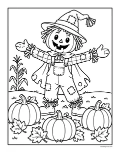 A scarecrow with a jack-o'-lantern face in a pointed hat and a tattered cape, with pumpkins, corn stalks and autumn leaves