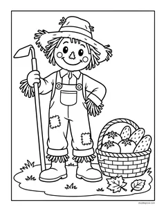 A scarecrow holding a garden hoe next to a basket of vegetables