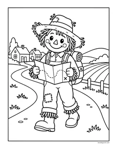 A scarecrow with a backpack reading a map on a path, with fields, a fence and a village in the distance