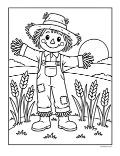 A smiling scarecrow with its arms out in a field of wheat in front of a setting sun and hills
