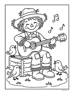 A scarecrow playing a guitar on a wooden crate while two birds sing, with music notes
