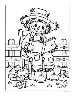 A scarecrow reading a book in a wooden chair by a fence, with a kitten asleep at its feet and autumn leaves