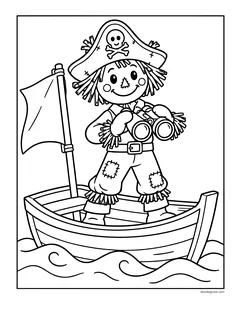 A scarecrow in a pirate hat with a skull and crossbones looking through binoculars from a rowboat with a flag, on the waves