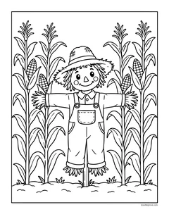 A scarecrow on a post standing in a field of tall corn stalks with ears of corn