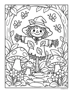 A scarecrow on a pole in a garden with big spotted mushrooms, flowers, stepping stones and four smiling bees
