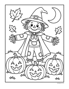 A scarecrow in a witch hat and a cape with its arms out, standing behind three jack-o'-lanterns, with a crescent moon and autumn leaves