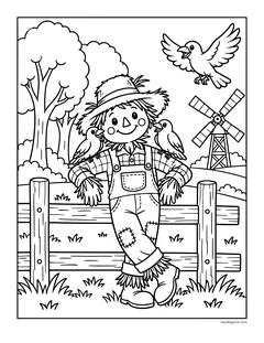 A scarecrow leaning on a wooden fence with two birds on its shoulders, a tree, a windmill and a crow flying overhead
