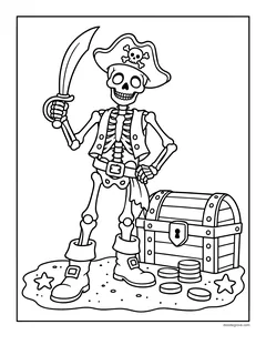 A skeleton pirate in a tricorn hat and a vest holding a cutlass next to a treasure chest and gold coins