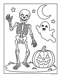 A smiling skeleton waving next to a happy ghost and a jack-o'-lantern under a crescent moon and stars