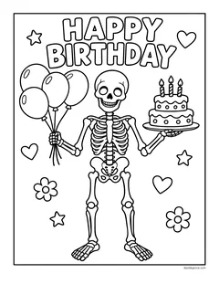 The words Happy Birthday above a skeleton holding a bunch of balloons and a birthday cake with three candles, with hearts, stars and flowers
