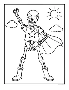 A skeleton superhero with a mask, a star shirt, a flowing cape and boots, raising a fist under the sun and clouds