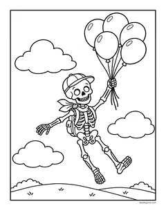 A skeleton in a cap and a scarf with a backpack floating up into the sky holding a bunch of balloons, with clouds and hills