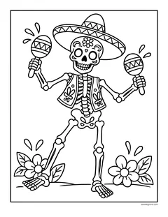 A dancing skeleton in a sombrero and an embroidered vest shaking two maracas, with a flower on its skull and flowers at its feet