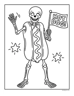 A skeleton wearing a hot dog costume with mustard, waving and holding a flag that says Hot Dog!