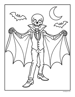 A skeleton in a vampire costume spreading a long cape like bat wings, with bats and a crescent moon