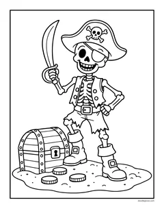 A grinning skeleton pirate with an eye patch and a skull and crossbones hat, holding a cutlass next to a treasure chest and coins