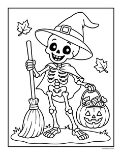 A skeleton in a witch hat and a cape holding a broom and a jack-o'-lantern bucket full of candy, with falling leaves