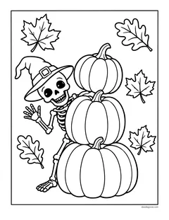 A skeleton in a witch hat peeking out from behind a stack of three pumpkins, with maple and oak leaves around