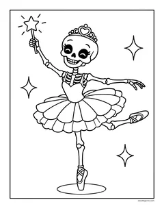 A skeleton ballerina in a tutu and a tiara dancing on tiptoe and holding a star wand, with sparkles