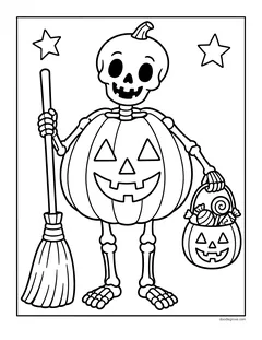 A skeleton wearing a round jack-o'-lantern costume and a pumpkin stem hat, holding a broom and a candy bucket, with two stars