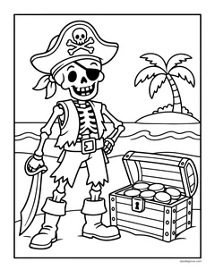 A skeleton pirate with an eye patch standing on a beach next to an open treasure chest full of coins, with the sea and a palm tree island