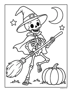 A skeleton in a witch hat and a cape hopping onto a broomstick next to a pumpkin, under a crescent moon and stars