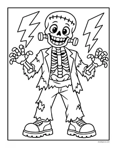 A skeleton dressed as Frankenstein's monster with bolts in its neck, a torn jacket and big boots, between two lightning bolts