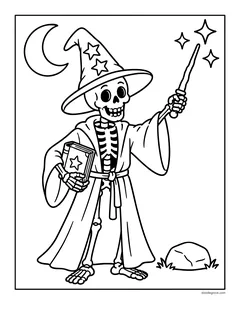 A skeleton wizard in a starry hat and a long robe holding a wand and a spell book, with a crescent moon and sparkles