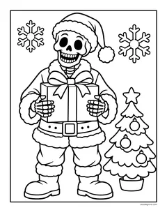 A skeleton in a Santa suit and hat holding a wrapped gift next to a small Christmas tree, with snowflakes