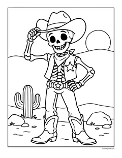 A skeleton cowboy tipping his hat, with a sheriff star, a bandana and boots, in the desert with a cactus, rocks and the sun