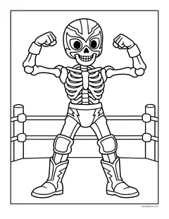 A skeleton wrestler in a mask flexing both arms in a wrestling ring, wearing knee pads and boots
