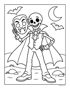 A skeleton in a vampire cape holding up a vampire mask next to its grinning skull, with bats and a crescent moon