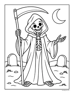 A smiling skeleton grim reaper in a hooded robe holding a scythe among gravestones under a crescent moon