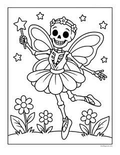A skeleton fairy with butterfly wings, a flower crown, a petal skirt and a star wand, dancing above flowers and stars