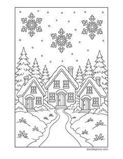 Cottages with snowy roofs among pine trees and a winding path, with big snowflakes in the sky