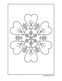 A snowflake made of heart-shaped petals around a small snowflake in the middle