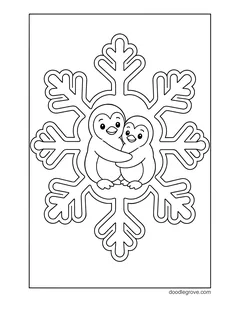 Two penguins hugging inside a big snowflake