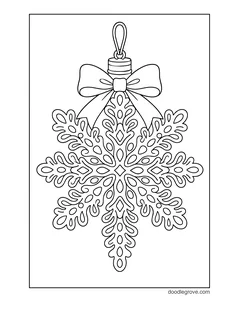 A lacy snowflake ornament hanging from a loop with a big bow