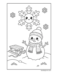 A smiling snowflake above a snowman in a hat and scarf, with a sled in the snow