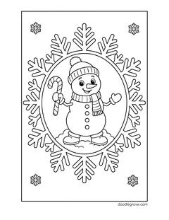 A snowman holding a candy cane inside an oval frame of snowflakes